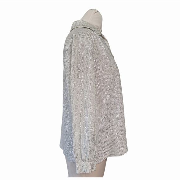 MY KINDA GAL Vintage Metallic Top Size 10 Silver Cream Loose Fit Blouse Belt - Picture 8 of 13